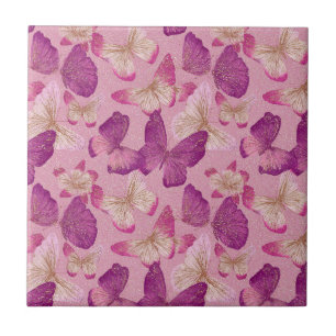 Pink Butterfly Glitter Seamless Pattern Ceramic Tile