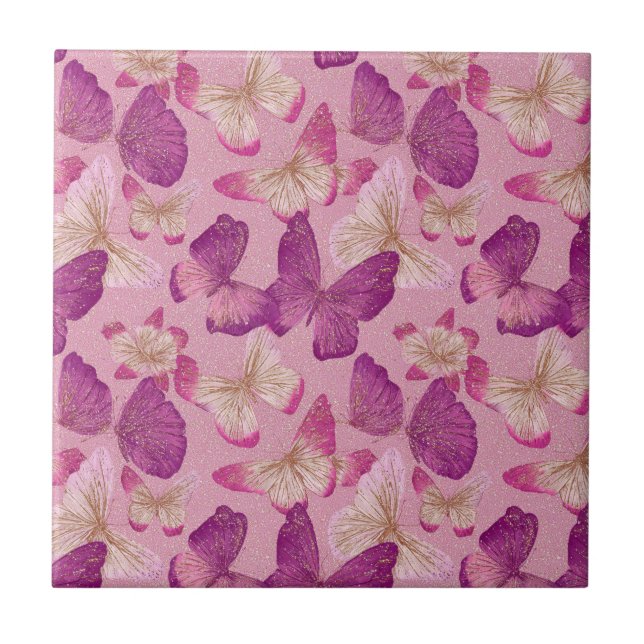 Pink Butterfly Glitter Seamless Pattern Ceramic Tile (Front)