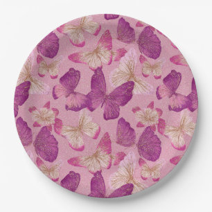 Pink Butterfly Glitter Seamless Pattern Paper Plate