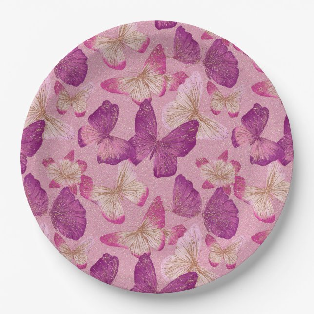 Pink Butterfly Glitter Seamless Pattern Paper Plate (Front)