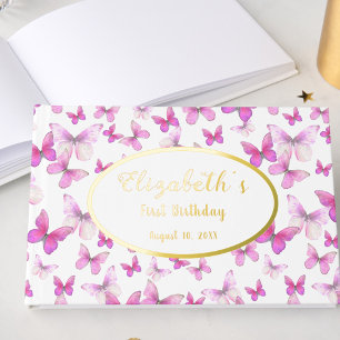 Pink Butterfly Gold Foil First Birthday Guest Book