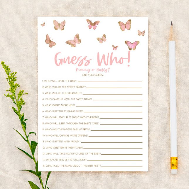Pink Butterfly Guess Who! Baby Shower Game Stationery (Creator Uploaded)