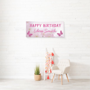 Pink Butterfly Happy Birthday Party Banner