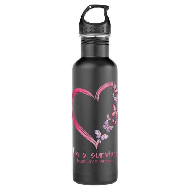 Pink Butterfly Heart I'm A Survivor Breast Cancer  710 Ml Water Bottle (Front)