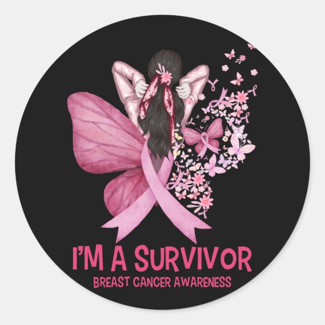 Pink Butterfly Heart I'm A Survivor Breast Cancer  Classic Round Sticker (Front)