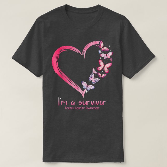 Pink Butterfly Heart I'm A Survivor Breast Cancer  T-Shirt (Design Front)