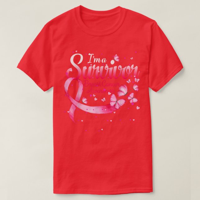 Pink Butterfly Heart I'm A Survivor Breast Cancer  T-Shirt (Design Front)