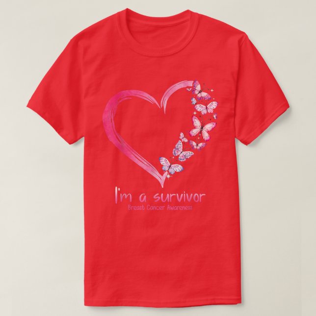 Pink Butterfly Heart I'm A Survivor Breast Cancer  T-Shirt (Design Front)