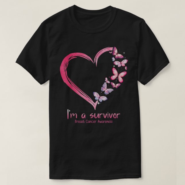 Pink Butterfly Heart I'm A Survivor Breast Cancer  T-Shirt (Design Front)