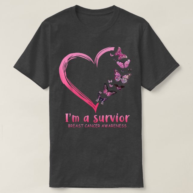 Pink Butterfly Heart I'm A Survivor Breast Cancer  T-Shirt (Design Front)