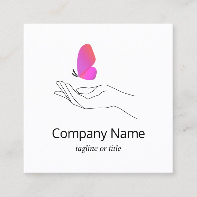 Pink Butterfly in Hand Square Business Card (Front)
