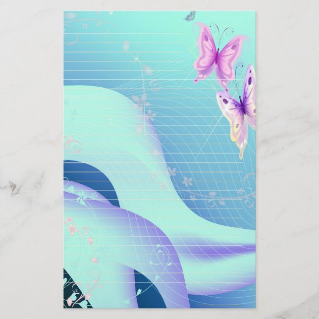 Pink butterfly in waves of blue Stationary Stationery (Front)