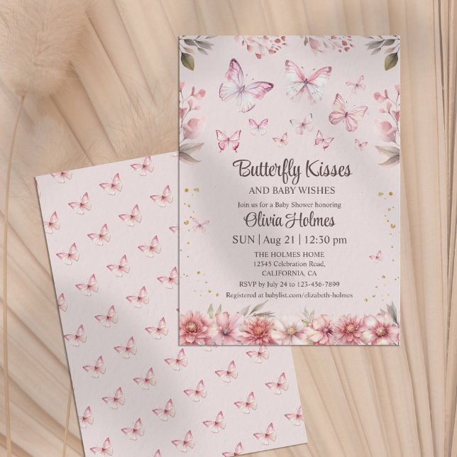 Pink Butterfly Kisses Baby Girl Shower Invitation (Pink Butterfly Kisses Baby Girl Shower Invitation)