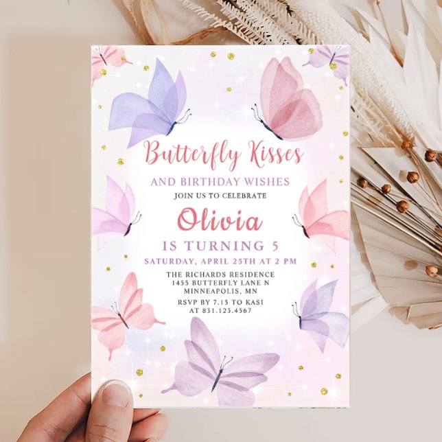 Pink Butterfly Kisses Girls Birthday Party  Invitation (Creator Uploaded)