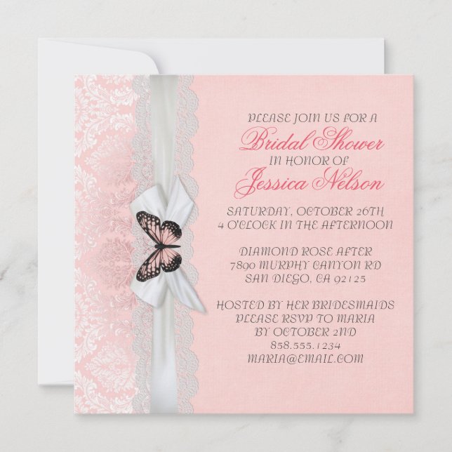 Pink Butterfly Lace Ribbon Damask Bridal Shower Invitation (Front)