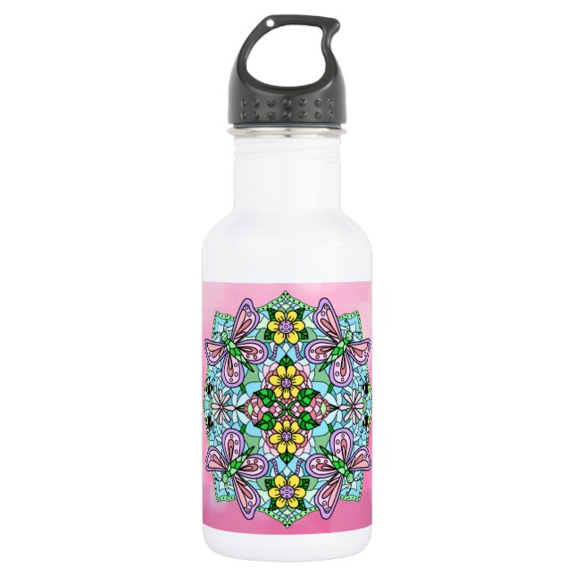 Pink Butterfly Mandala Whimsical Hand Drawn   532 Ml Water Bottle (Front)