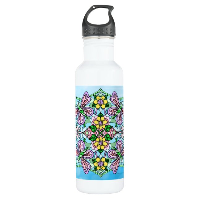 Pink Butterfly Mandala Whimsical Hand Drawn    710 Ml Water Bottle (Front)