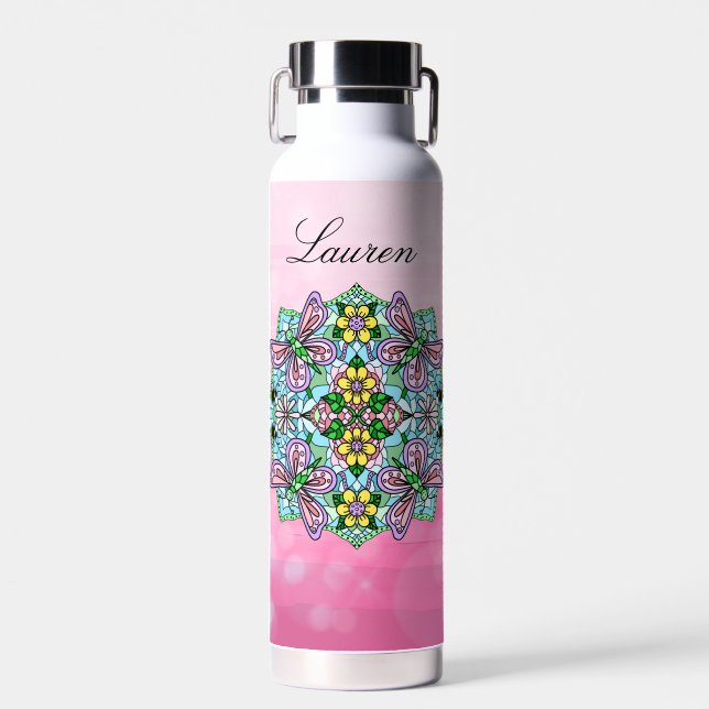 Pink Butterfly Mandala Whimsical Hand Drawn  Water Bottle (Front)