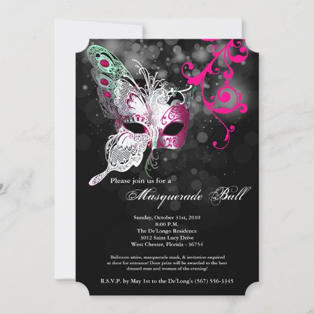 Pink Butterfly Masquerade Mask Costume Halloween Invitation (Front)