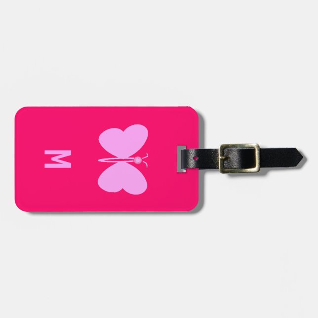 pink butterfly  -monogrammed luggage tag (Front Horizontal)