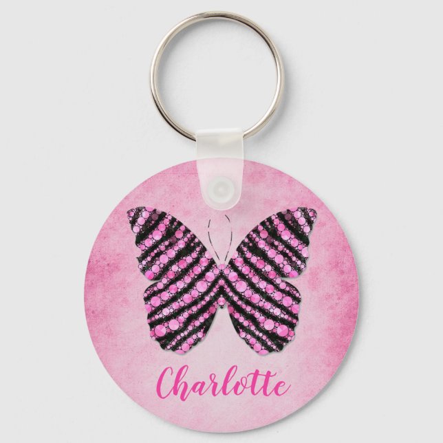 Pink Butterfly Name Monogram Key Ring (Front)