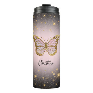 pink butterfly  on black background thermal tumbler