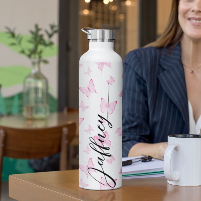 Pink Butterfly Pattern Gift For Bridesmaid Custom Water Bottle (Creator Uploaded)