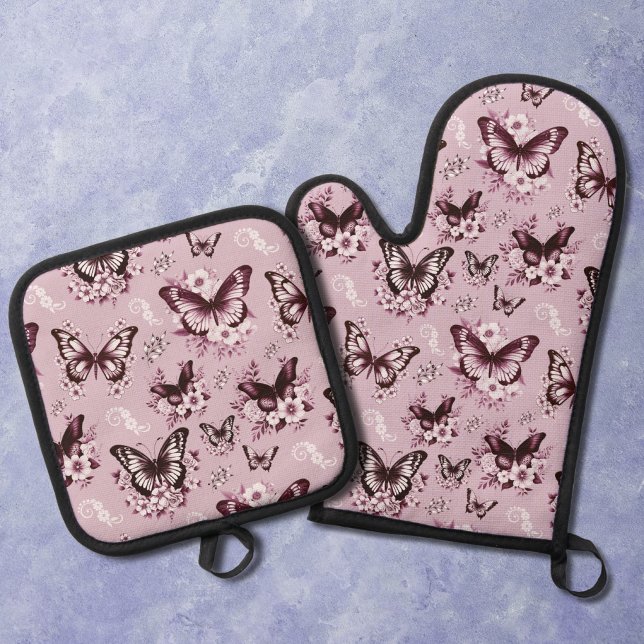 Pink Butterfly Pattern Oven Mitt & Pot Holder Set (Creator Uploaded)