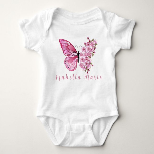 Pink Butterfly Personalised Name Cute Morden  Baby Bodysuit (Front)