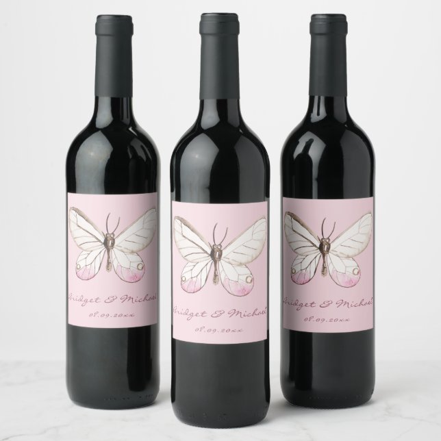 Pink Butterfly Personalised Wedding Wine Label (Bottles)