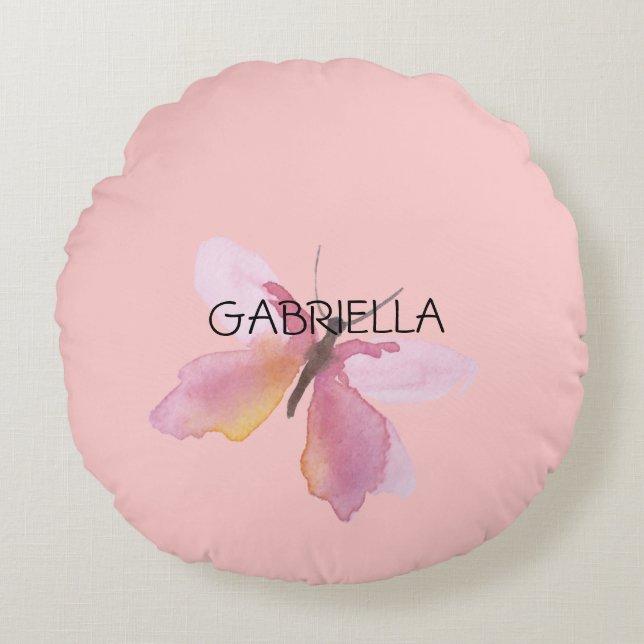 Pink Butterfly Personalized Name Round Cushion (Front)