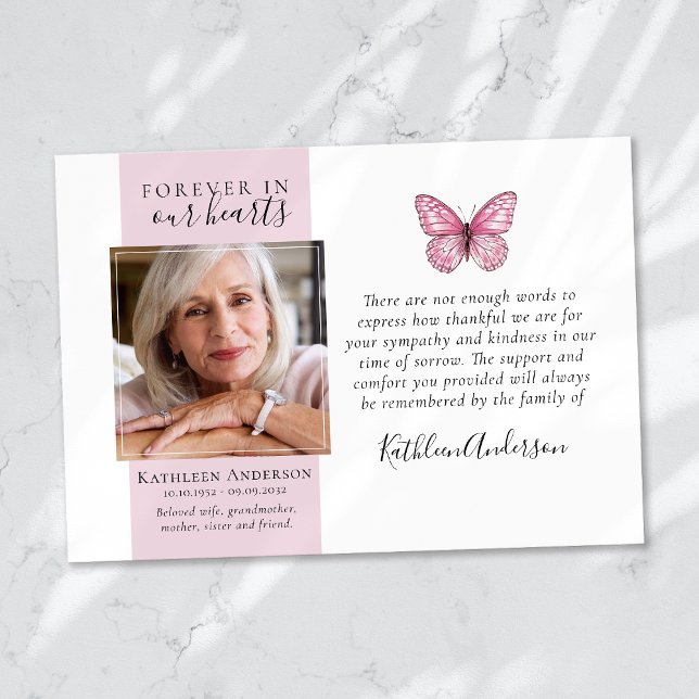 Pink Butterfly Photo Funeral Thank You Cards (Creator Uploaded)
