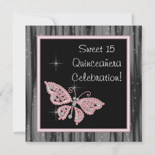 Pink Butterfly Pink Black Quinceanera Invitation