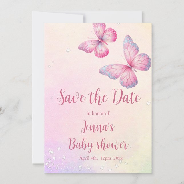 Pink Butterfly QR Code Baby Shower Save The Date (Front)