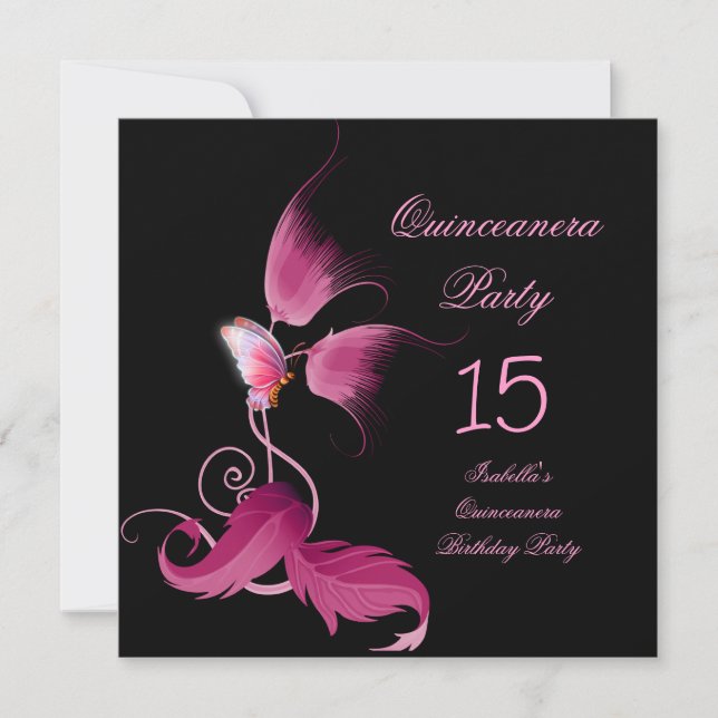 Pink Butterfly Quinceanera 15 Birthday Party Invitation (Front)