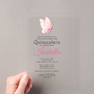 Pink Butterfly Quinceanera 15th Birthday Acrylic Invitations