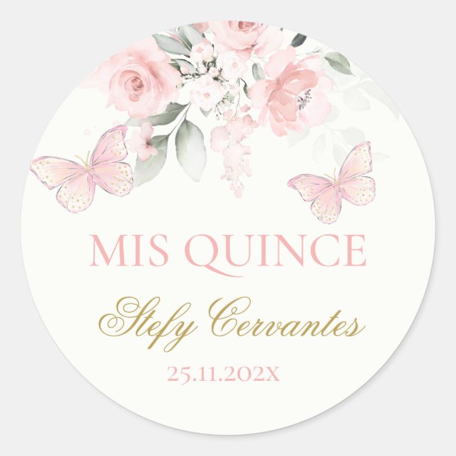 Pink Butterfly Quinceañera Classic Round Sticker (Front)
