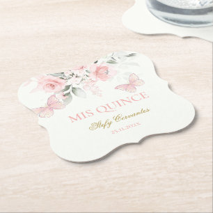 Pink Butterfly Quinceañera Paper Coaster