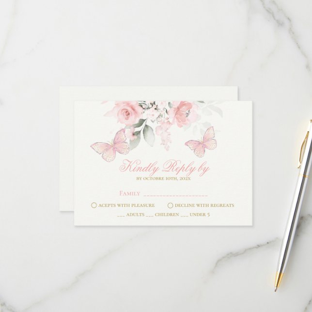 Pink Butterfly Quinceañera RSVP Card (Front/Back In Situ)