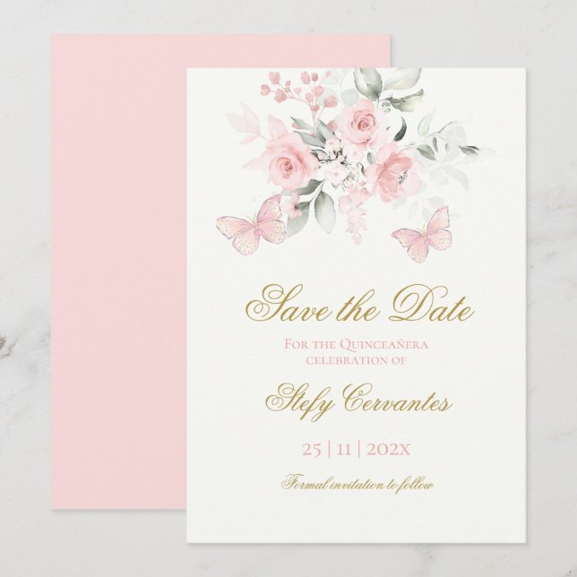 Pink Butterfly Quinceañera Save The Date (Front/Back)