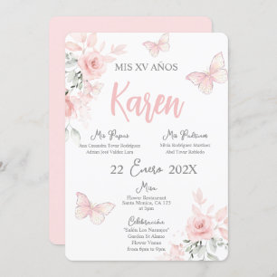 Pink Butterfly Quinceañera Spanish Invitation
