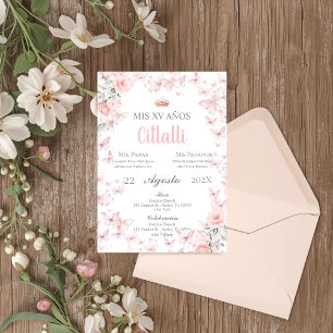 Pink Butterfly Quinceañera Spanish Invitation