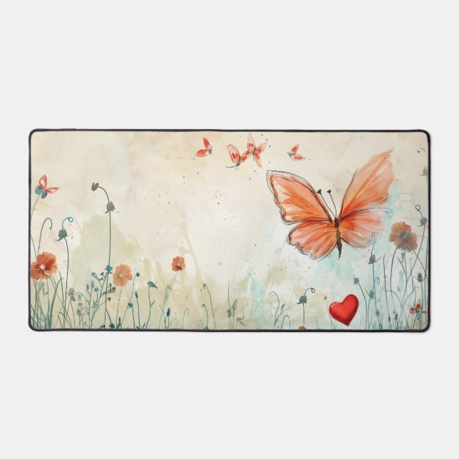 Pink Butterfly & Red Heart Desk Mat (Front)