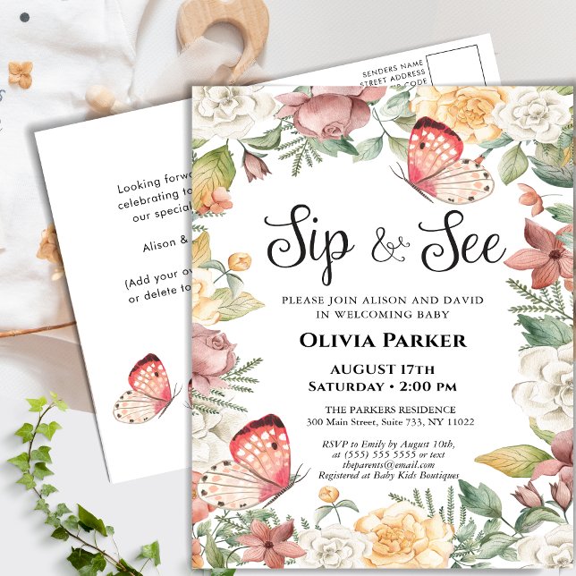 Pink Butterfly Rose Floral Baby Girl SIP AND SEE Invitation Postcard (Creator Uploaded)