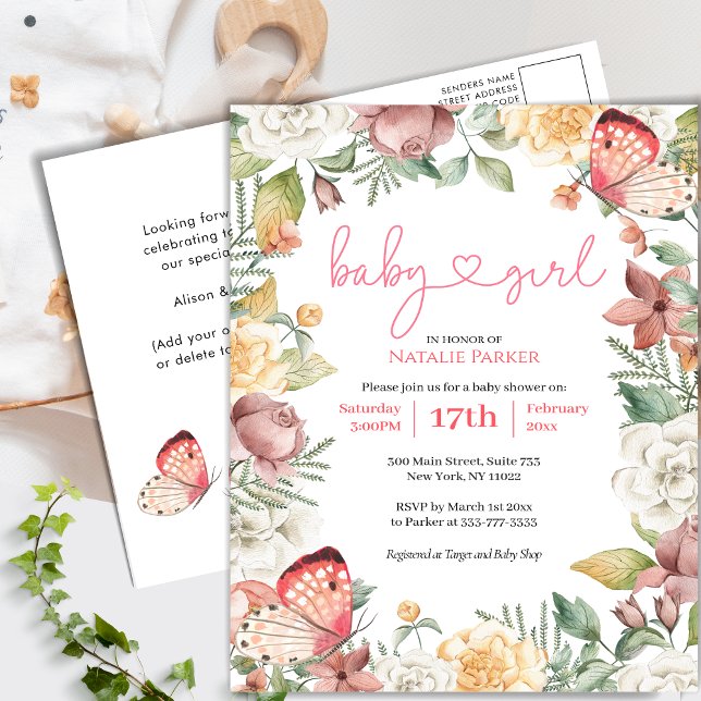 Pink Butterfly Rose Floral Green Girl Baby Shower Invitation Postcard (Creator Uploaded)