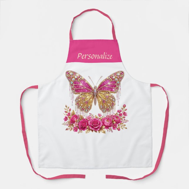 Pink Butterfly Roses Gold Personalised Design Apron (Front)