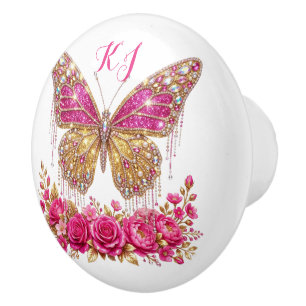 Pink Butterfly Roses Gold Personalised Design Ceramic Knob