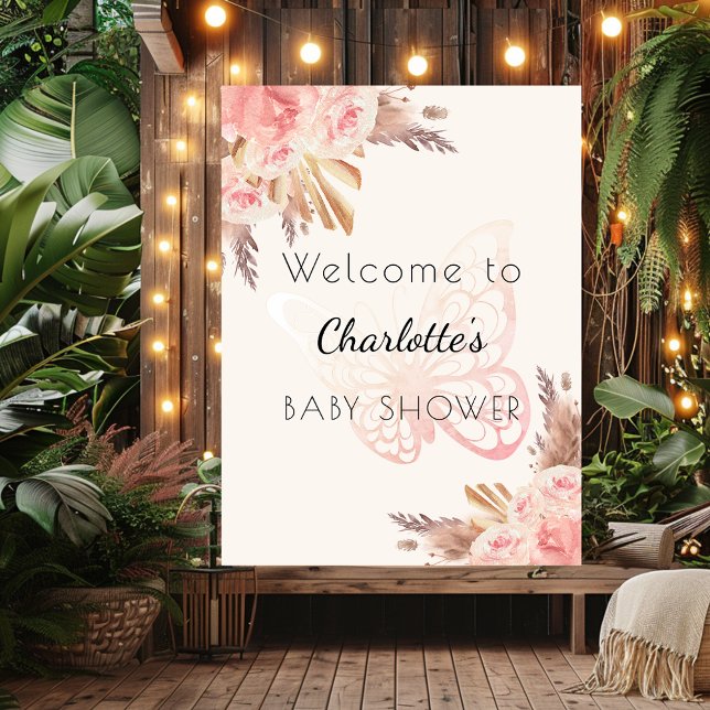 Pink butterfly roses pampas Baby Shower welcome Poster (Creator Uploaded)