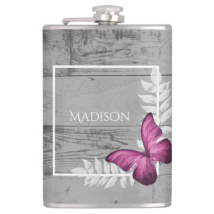 Pink Butterfly Rustic Flask