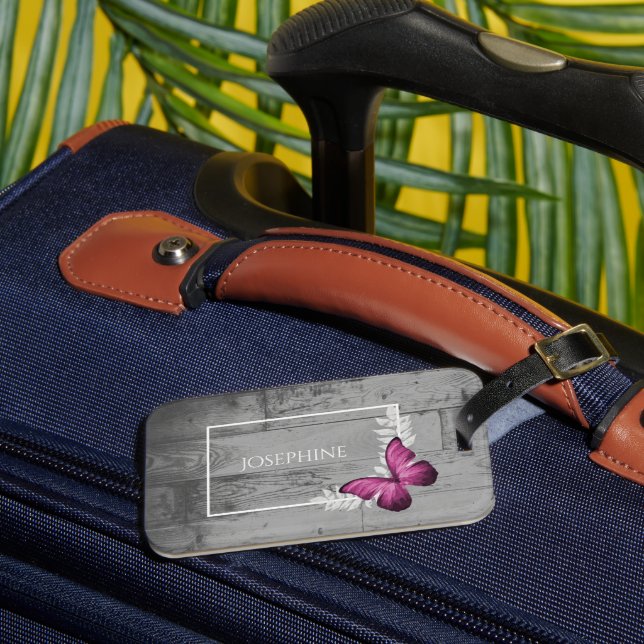 Pink Butterfly Rustic Luggage Tag (Front Insitu 3)